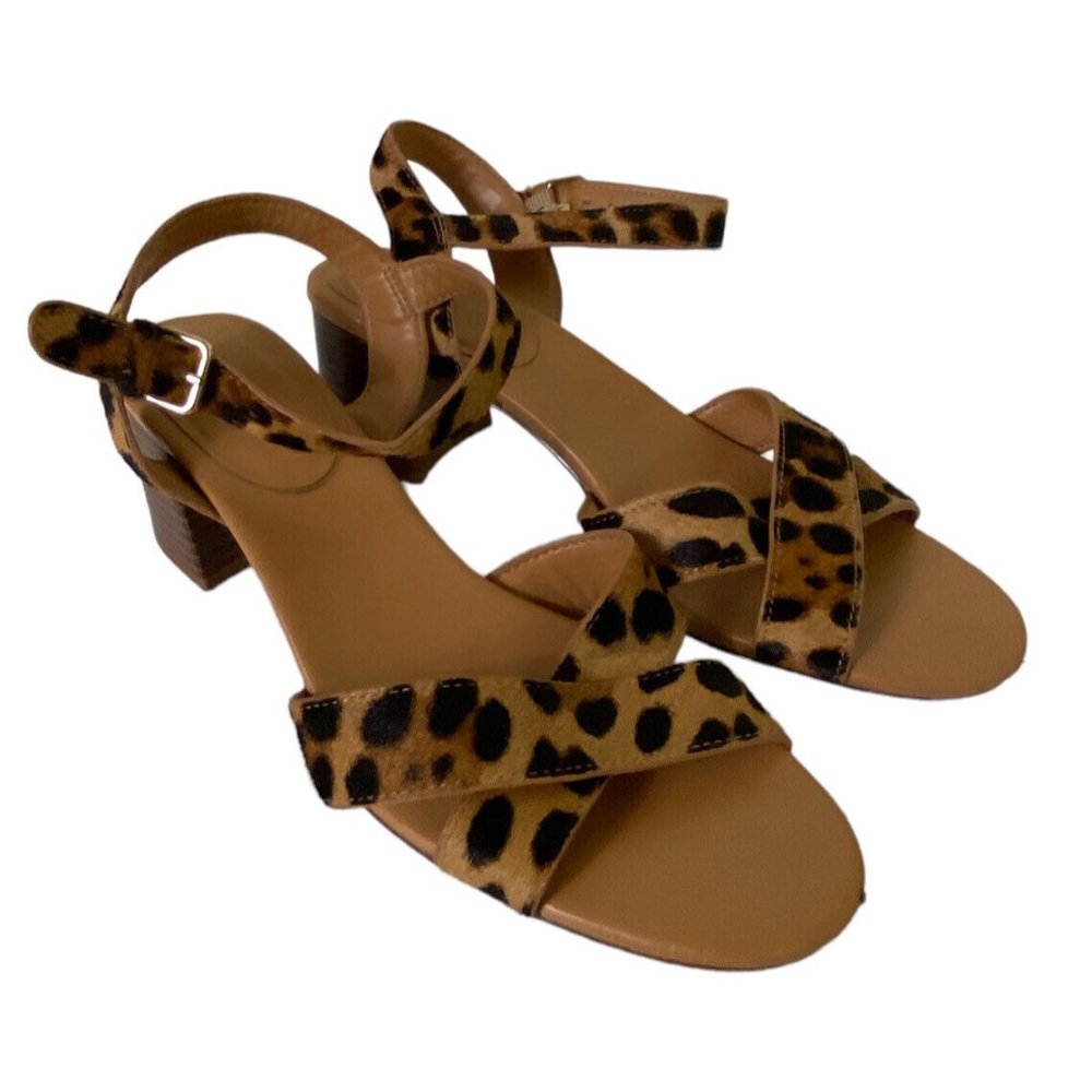 J.Crew Leopard Calf Hair Low Block Heel Sandals Sz 9 Cross Strap Padded Comfort